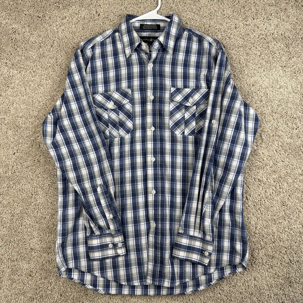 Beverly Hills Polo Club Med Mens Shirt Button Up Long Sleeve Blue Plaid